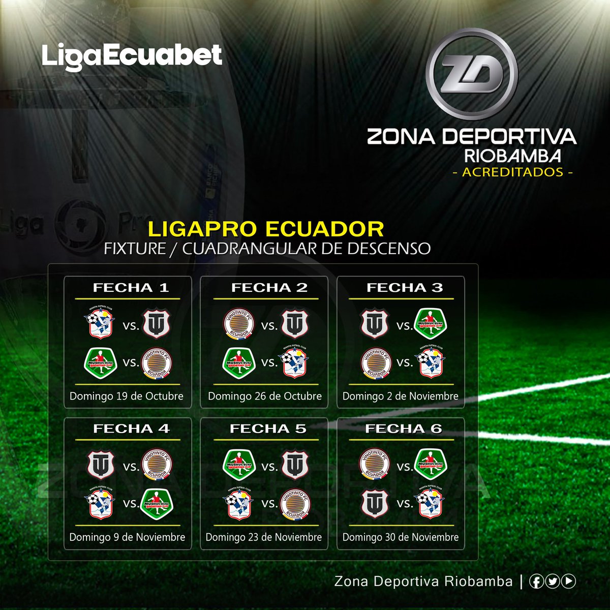 roldan_jimmy's tweet image. #LigaProEcuador
¡𝙁𝙄𝙓𝙏𝙐𝙍𝙀 𝘾𝙐𝘼𝘿𝙍𝘼𝙉𝙂𝙐𝙇𝘼𝙍
𝙋𝙊𝙍 𝙇𝘼 𝙋𝙀𝙍𝙈𝘼𝙉𝙀𝙉𝘾𝙄𝘼!
#EtapaFinal

Cuatro equipos se enfrentarán en un #CuadrangularFinal por la permanencia en la #SerieA. 

@Balompiecuador
Informa: #JimmyRoldán
Somos: Zona Deportiva Riobamba