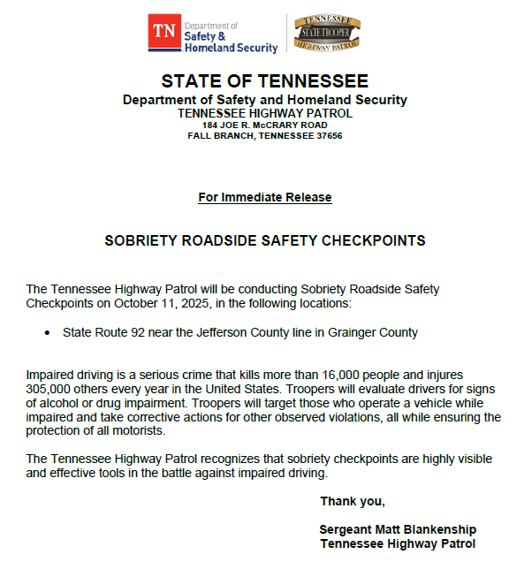 THPFallBranch's tweet image. 🔶Please see the notification below regarding an upcoming checkpoint in the Fall Branch district. 🔶 

#BoozeItAndLoseIt 
#DriveHighGetADUI