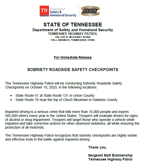 THPFallBranch's tweet image. 🔶Please see the notification below regarding an upcoming checkpoint in the Fall Branch district. 🔶 

#BoozeItAndLoseIt 
#DriveHighGetADUI