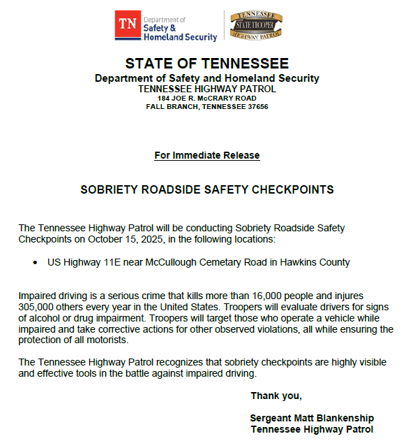 THPFallBranch's tweet image. 🔶Please see the notification below regarding an upcoming checkpoint in the Fall Branch district. 🔶 

#BoozeItAndLoseIt 
#DriveHighGetADUI