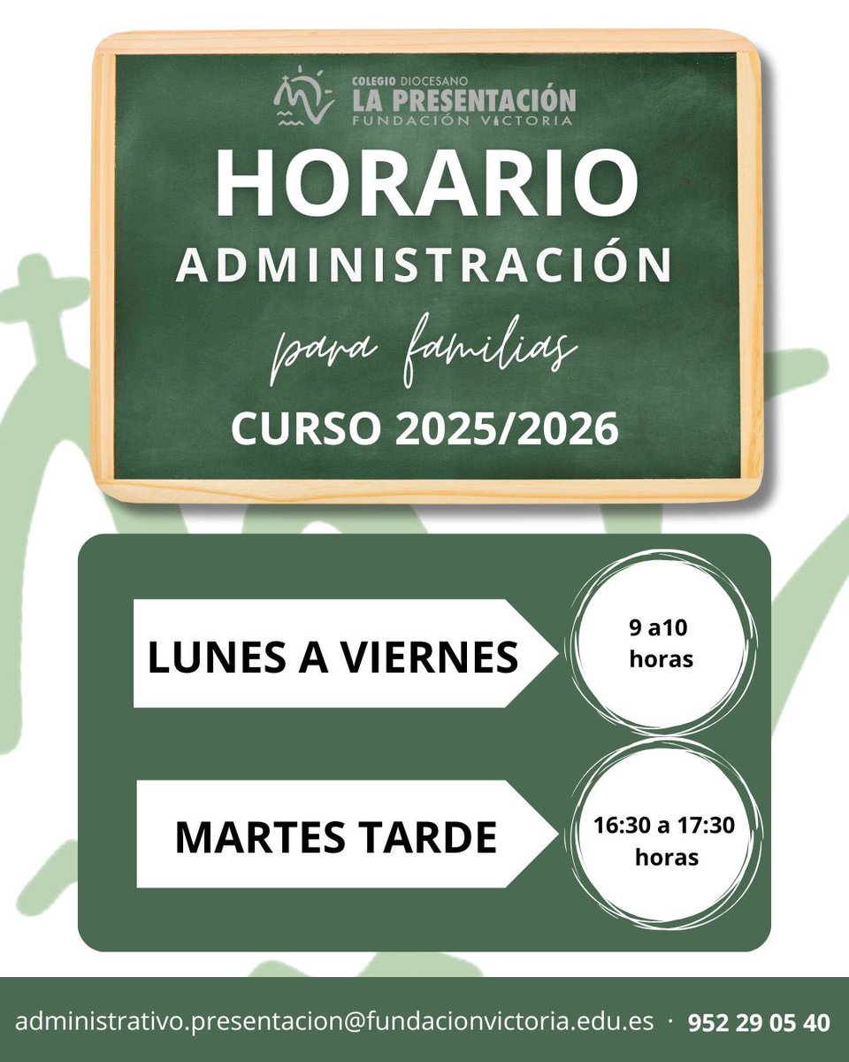 📌 Recepción Secretaría – Curso 2025/26

🕘 Lunes a Viernes: 09:00 – 10:00 h
🌙 Martes tarde: 16:30 – 17:30 h

📧 administrativo.presentacion@fundacionvictoria.edu.es
📞 952 29 05 40

<a href="/fvictoria_es/">Fundación Victoria</a> 

#colegiosdiocesanos