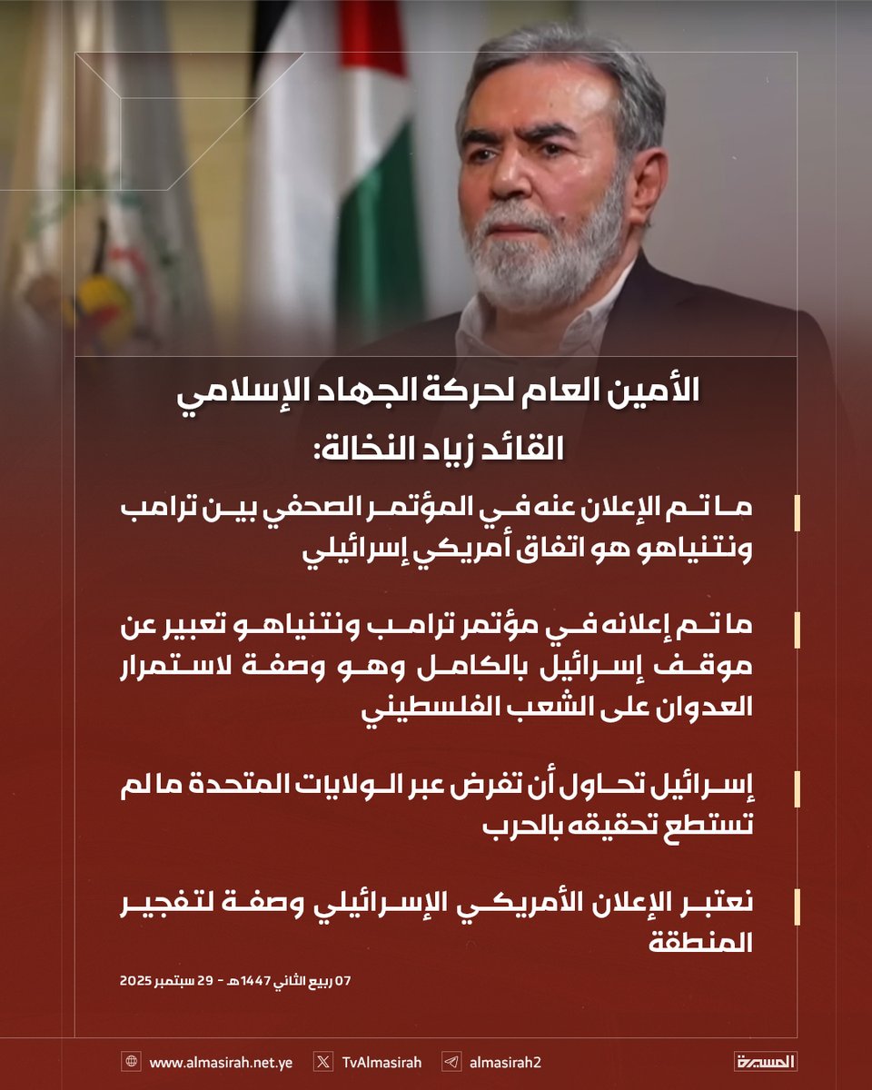 🟥 الأمين العام لحركة الجهاد الإسلامي القائد زياد النخالة: 

♦️ ما تم الإعلان عنه في المؤتمر الصحفي بين ترامب ونتنياهو هو اتفاق أمريكي إسرائيلي
♦️ ما تم إعلانه في مؤتمر ترامب ونتنياهو تعبير عن موقف إسرائيل بالكامل وهو وصفة لاستمرار العدوان على الشعب الفلسطيني
♦️ إسرائيل تحاول أن