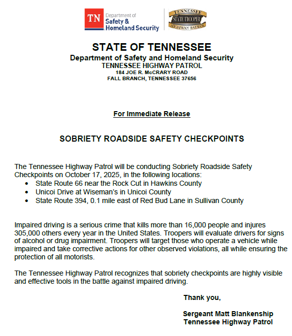 THPFallBranch's tweet image. 🔶Please see the notification below regarding an upcoming checkpoint in the Fall Branch district. 🔶 

#BoozeItAndLoseIt 
#DriveHighGetADUI