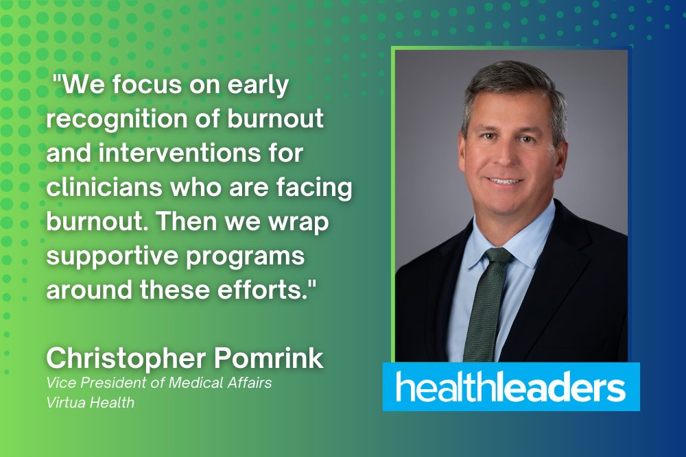 HealthLeaders's tweet image. #PhysicianBurnout is a top concern for #CMOs and other clinical leaders across the country. @VirtuaHealth has been making strides to address physician #burnout and #wellness, according to VP of Medical Affairs Christopher Pomrink: healthleadersmedia.com/cmo/guide-addr…
