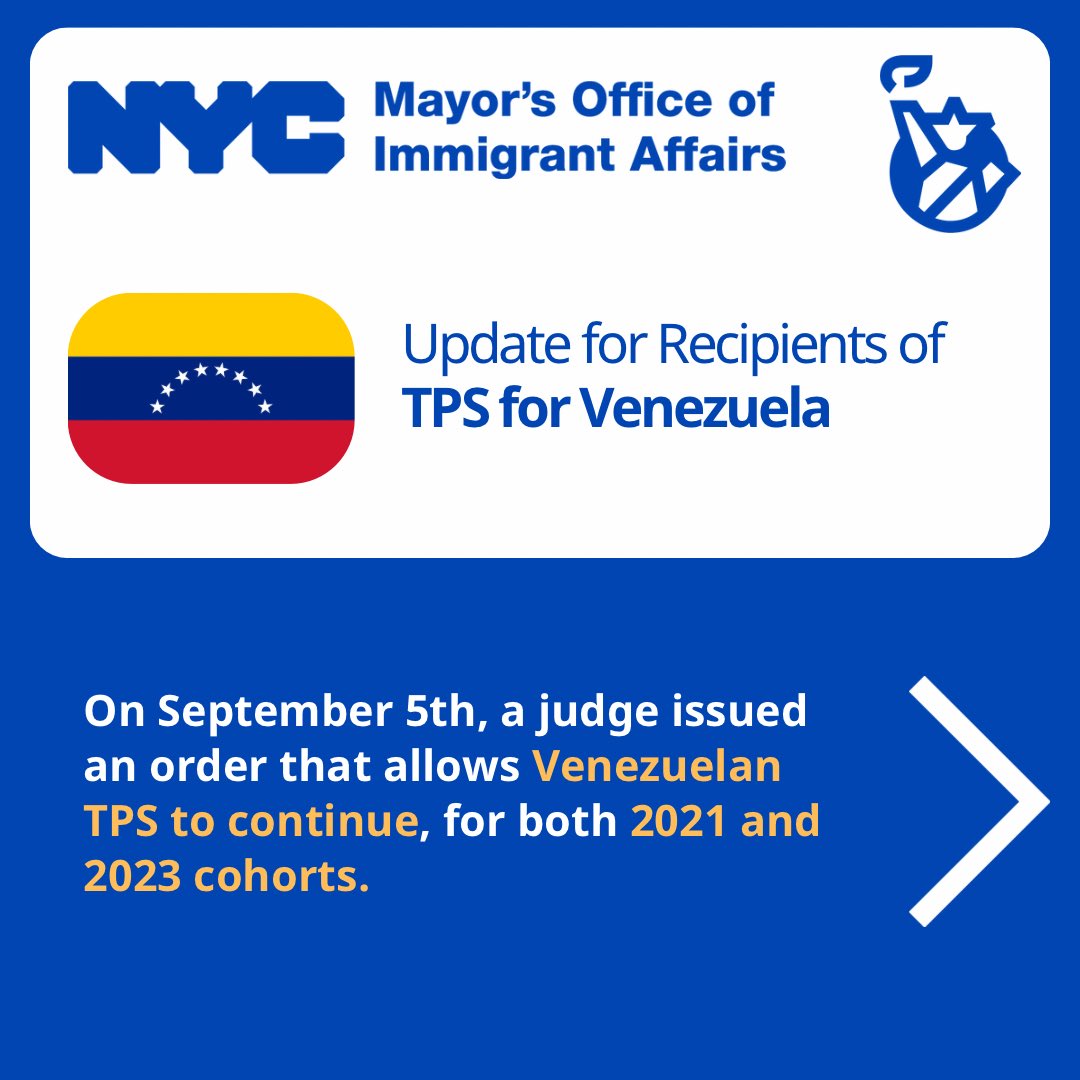 NYCImmigrants's tweet photo. New federal policy update on #TemporaryProtectedStatus (TPS) for Venezuela nationals.
 
Visit https://t.co/RqRVYhRouS (updated regularly) to learn more on federal policy announcements impacting #ImmigrantNewYorkers. https://t.co/1o1MRSNs7K