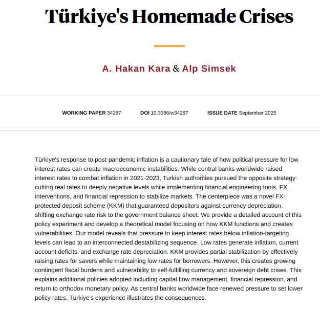 When inflation surged, Türkiye cut rates and used foreign exchange-protected deposits to stabilize markets. Showing this approach created a destabilizing policy sequence and ultimately backfired, from A. Hakan Kara and <a href="/alpsimsek_econ/">Alp Simsek</a> nber.org/papers/w34287