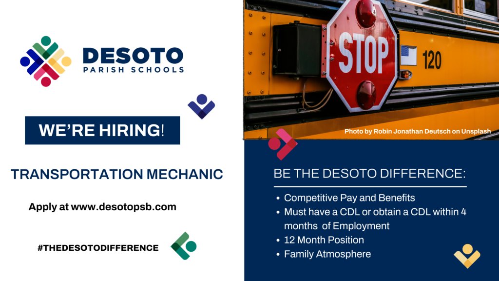 🚍 We’re Hiring!
DeSoto Parish Schools is looking for a skilled and reliable Transportation Mechanic to help keep our buses running safely and on time. 
Apply today ➡️ desotopsb.com/.../desoto.../…