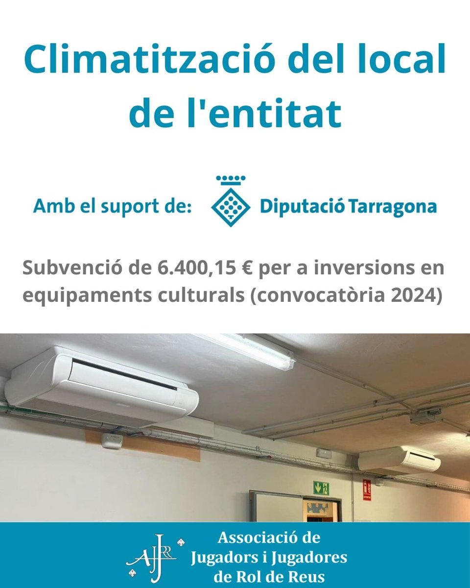 AJJRR's tweet photo. La @Dipta_cat  ens ha atorgat una subvenció de 6.400,15  € per a la climatització del nostre local.
S'ha realitzat una nova instal·lació consistent 8 equips d'aire condicionat que ha millorat el confort de les persones que participen en les activitats organitzades per l'AJJRR. https://t.co/xwP4wevl5T