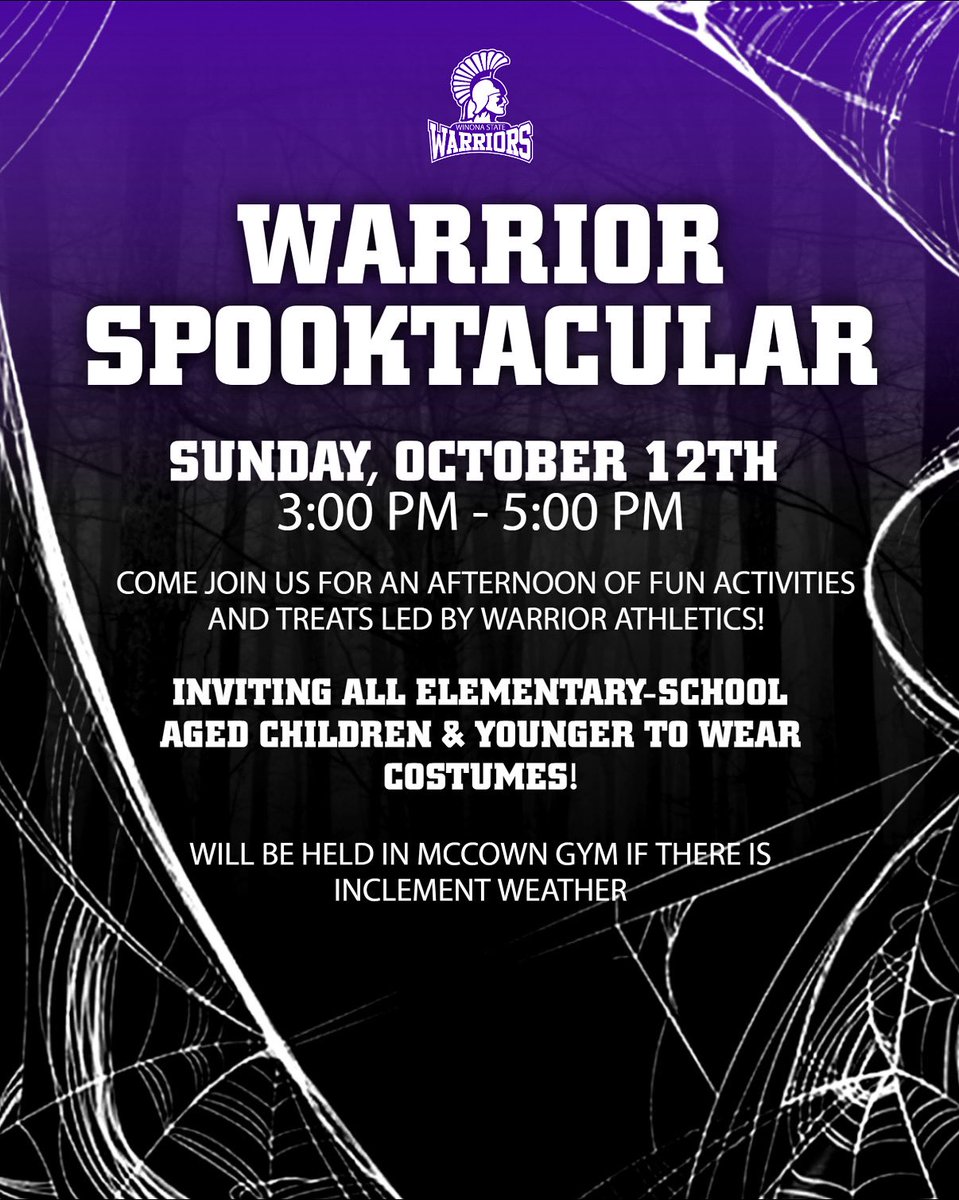 The Warrior Spooktacular (formerly zombie crawl) hosted by YOUR Student Athlete Advisory Committee is coming right up! October 12th from 3:00-5:00pm @ Maxwell Field. We hope to see all elementary school aged and younger kids for some fun activities and treats!