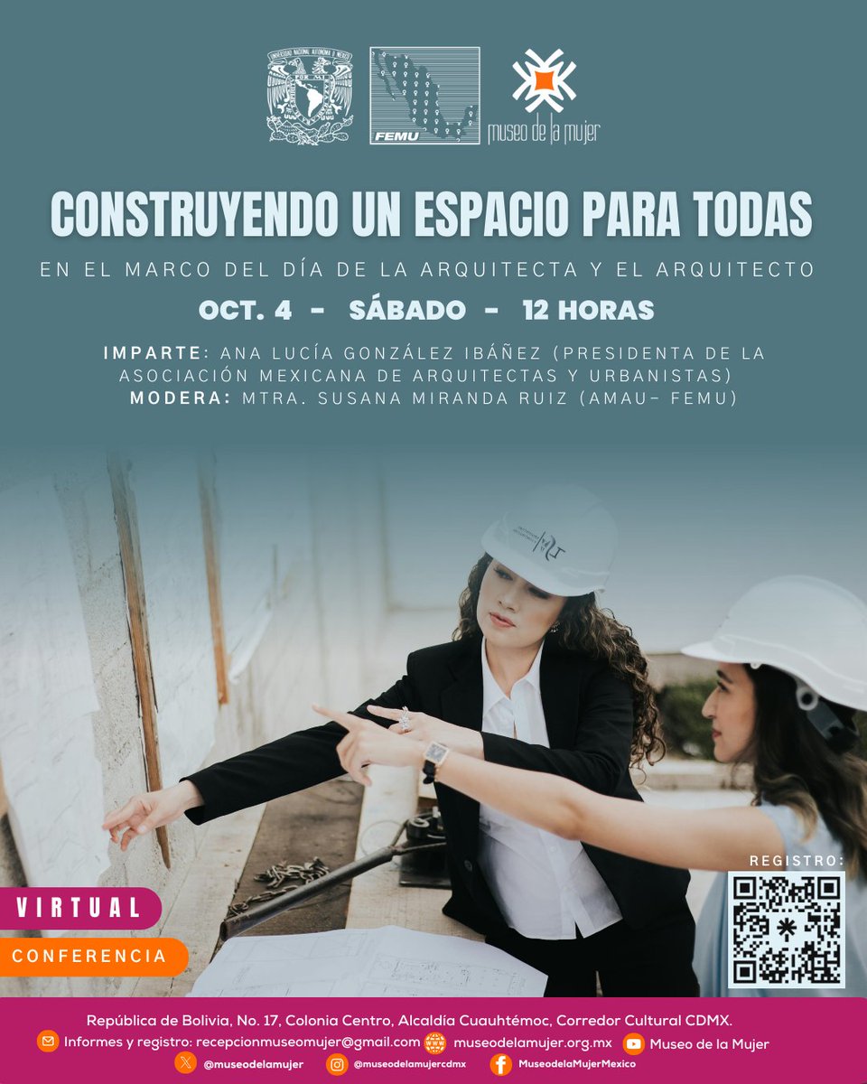 museodelamujer's tweet photo. La AMAU promueve el liderazgo femenino en arquitectura y urbanismo. En este marco, su presidenta participará en la conferencia Construyendo un espacio para todas.
🗓 4 oct, 12 h | 💻 Virtual
🔗 https://t.co/7zKUcV5Obd
#MuseodelaMujer #MujeresEnLaArquitectura #EventosVirtuales https://t.co/g278uJVeON