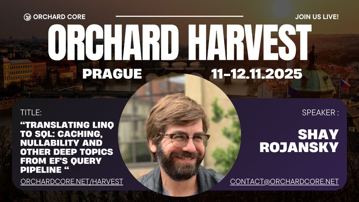One of our special guests is Shay, whose topic is: 
"Have you ever asked yourself how Entity Framework Core does its magic, translating your LINQ queries all the way to SQL, and reading the results back as .NET objects? 
The full program:  orchardcore.net/harvest