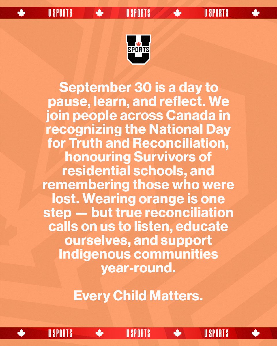 USPORTSca's tweet image. ➡️ U SPORTS statement on #NDTR

#EveryChildMatters #truthandreconciliationday

➡️ Déclaration U SPORTS pour la #JNVR 

#chaqueenfantcompte #véritéetreconciliation