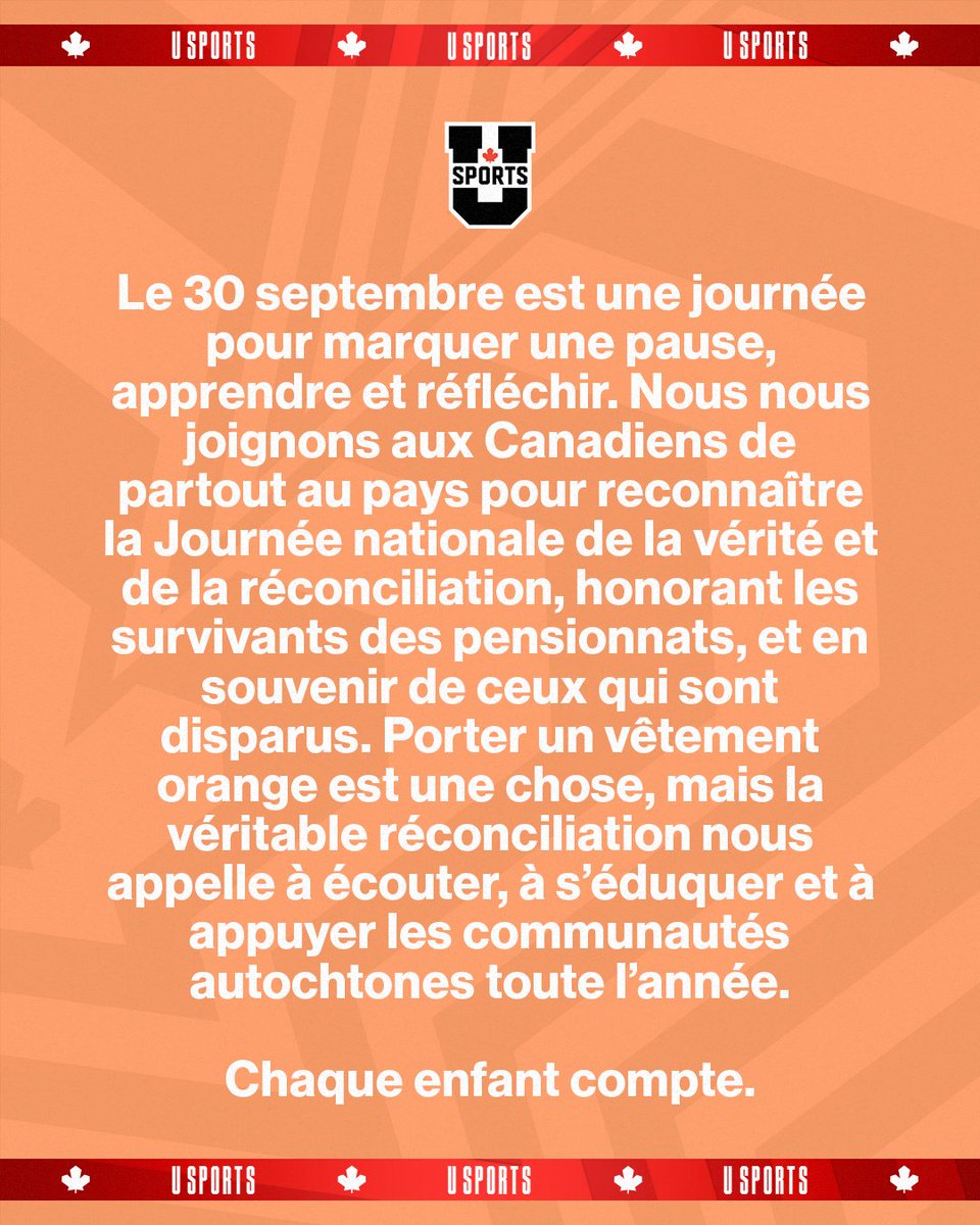 USPORTSca's tweet image. ➡️ U SPORTS statement on #NDTR

#EveryChildMatters #truthandreconciliationday

➡️ Déclaration U SPORTS pour la #JNVR 

#chaqueenfantcompte #véritéetreconciliation