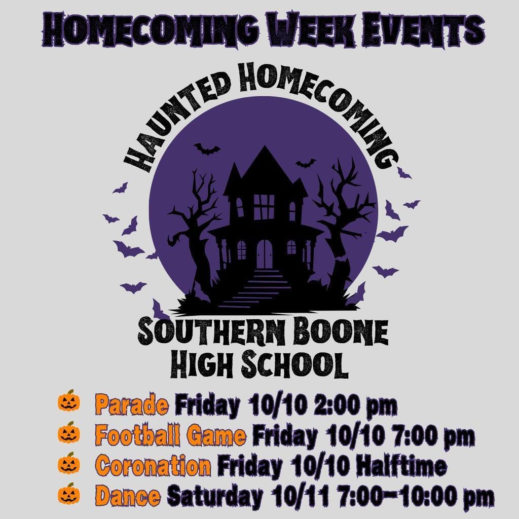 🎃👻 Join us October 6th–10th as we celebrate Southern Boone Haunted Homecoming!  🏈🎉 From spirited dress-up days to big game excitement, let’s come together as a community and cheer on our EAGLES! 🦅❤️🖤