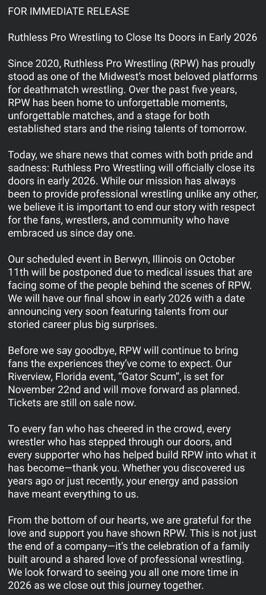 RuthlessPro419's tweet image. RPW PRESS RELEASE 
RPW WILL BE CLOSING IT&apos;S DOORS IN EARLY 2026

FULL STATEMENT BELOW

THANK YOU ALL FOR EVERYTHING