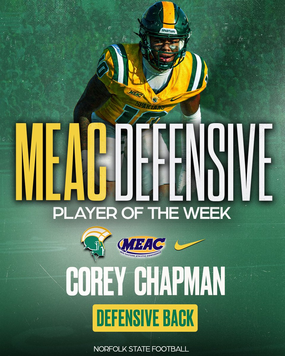 Congratulations to Corey Chapman on being named the <a href="/MEACSports/">Mid-Eastern Athletic Conference</a> Defensive Player of the Week for his standout performance against Wagner!

#GoldStandard🔰

nsuspartans.com/news/2025/9/29…