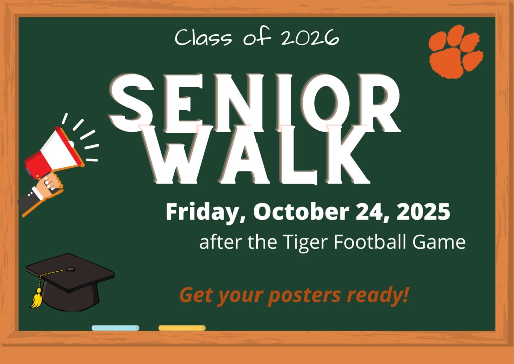 🚨 SENIOR WALK ALERT! 🚨
Heads up, Seniors and Senior families! The Senior Walk has been scheduled for  Friday, October 24th, and will take place immediately after the football game that night. Get your posters ready Seniors!