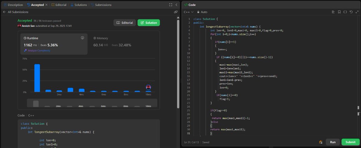 ANNISH_SEN's tweet image. Day 13 of #LeetCode75 
Solved 1493. Longest Subarray of 1&apos;s After Deleting One Element 

 Approach:

Sliding Window / 2 Pointers

Track consecutive 1’s with at most one deletion

Update max length as we move

Time: O(n)
Space: O(1)

#100DaysOfCode #LeetCode #DSA #ProblemSolving