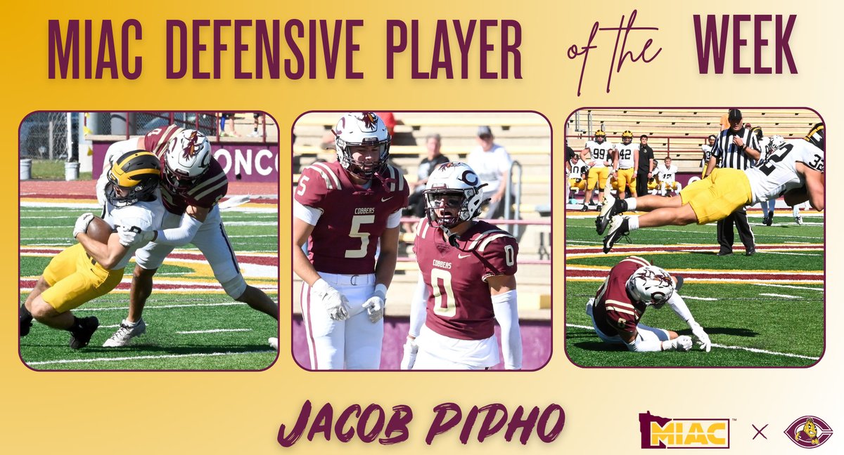 Cobber Athletics (@cobbersid) on Twitter photo π πππ π£πππ¬ππ₯ π’π π§ππ πͺπππ!
Football senior defensive back Jacob Pipho (Decorah, Iowa) was named the MIAC Defensive Player of the Week for his all-around monster performance in the Cobbersβ 14-13 win over Gustavus.
πππ§ππππ¦: tinyurl.com/mrxzebna π πππ π£πππ¬ππ₯ π’π π§ππ πͺπππ!
Football senior defensive back Jacob Pipho (Decorah, Iowa) was named the MIAC Defensive Player of the Week for his all-around monster performance in the Cobbersβ 14-13 win over Gustavus.
πππ§ππππ¦: tinyurl.com/mrxzebna