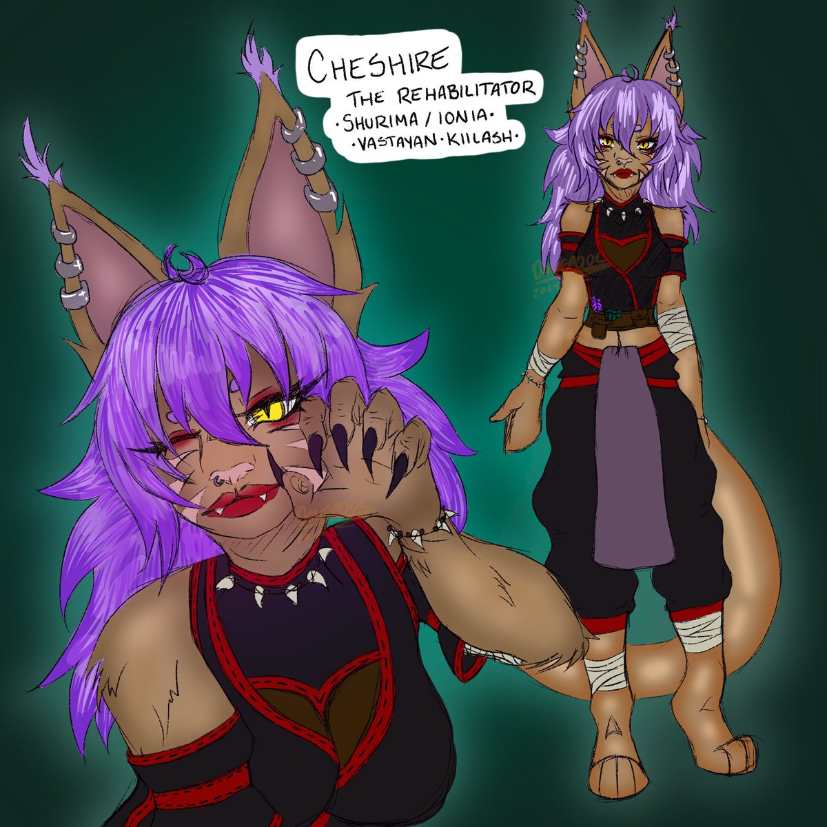 CheshireMenace's tweet image. Haiii I’m Cheshire, a Kiilash Vastayan from Shurima. My tribe migrated to Ionia before I was born. The forests of Ionia are where I roam.
Universes with Sett:
Runeterra, Crime City, Spirit Blossom
Universes with Rhaast:
Runeterra, Musicverse, Old God/Coven