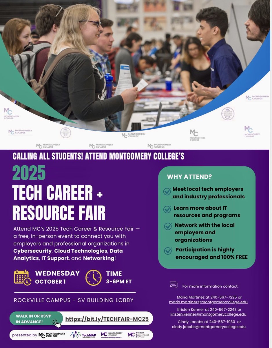 💻🚀 Tech Career &amp; Resource Fair at #MontgomeryCollege Rockville!
📅 Wed, Oct 1 | Don’t miss it!
#CareerFair #TechCareers #BeExtraordinaryMC
<a href="/montgomerycoll/">Montgomery College</a> <a href="/ses_mc_maryland/">MC Student Employment Services</a> ⁦<a href="/worksourcemd/">WorkSource Montgomery</a>⁩