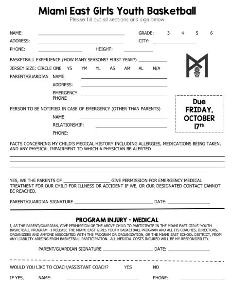 Miami East Youth Girls Basketball signups are underway. Please see the pictures for information and registration.