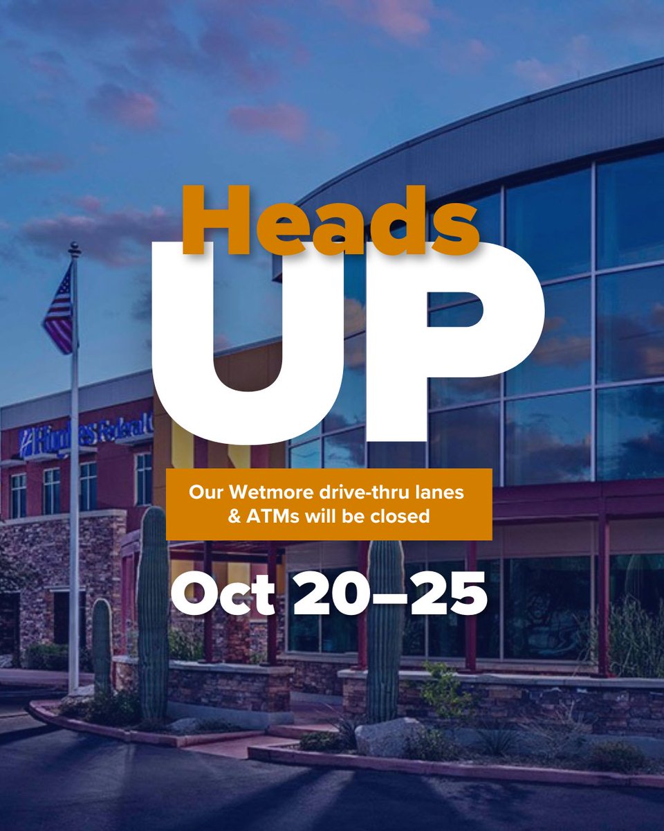 🚧 Wetmore Branch Update 🚧

Our drive-thru lanes &amp; ATMs will be closed Oct 20–25 for a scheduled repaving project.

Paving runs Oct 13–27, so please watch for signs, follow directions in the lot, and drive carefully. Thanks for your patience!