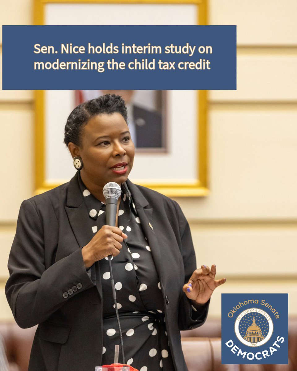 Sen. Nikki Nice, D-Oklahoma City, will hold an interim study at 9 a.m. on Tuesday, Sept. 30 in room 535 of the Capitol on modernizing Oklahoma’s child tax.  It's open to the public and press and will be livestreamed on the Senate website: oksenate.gov.