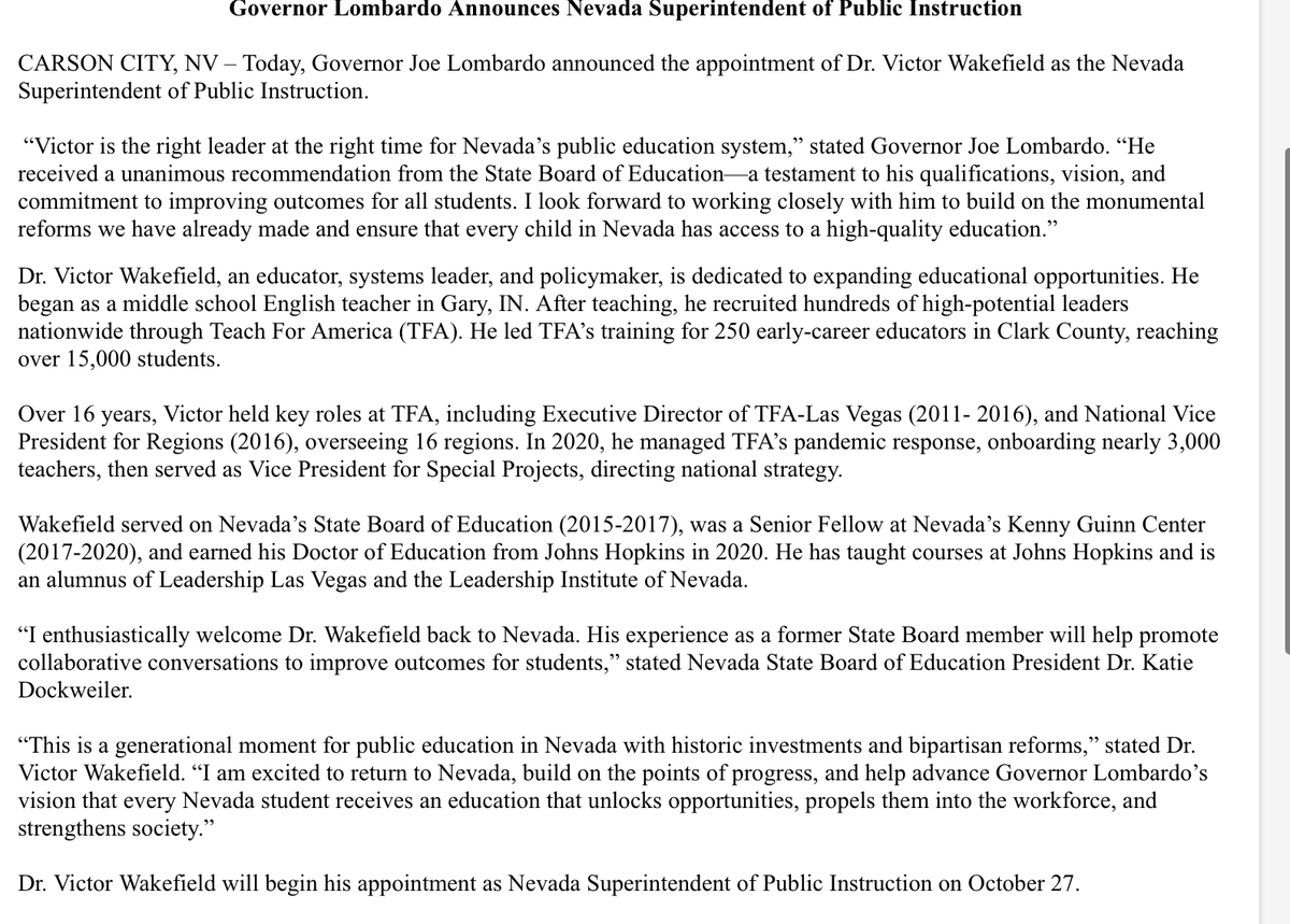 HillaryLVSun's tweet photo. Gov. Lombardo has named Victor Wakefield as the new state superintendent of schools. He is a TFA executive who spent several years as the ED of TFA-Las Vegas. Also served as a Guinn fellow and a state board of education member. He begins on 10/27. https://t.co/a1ILQu0yrA