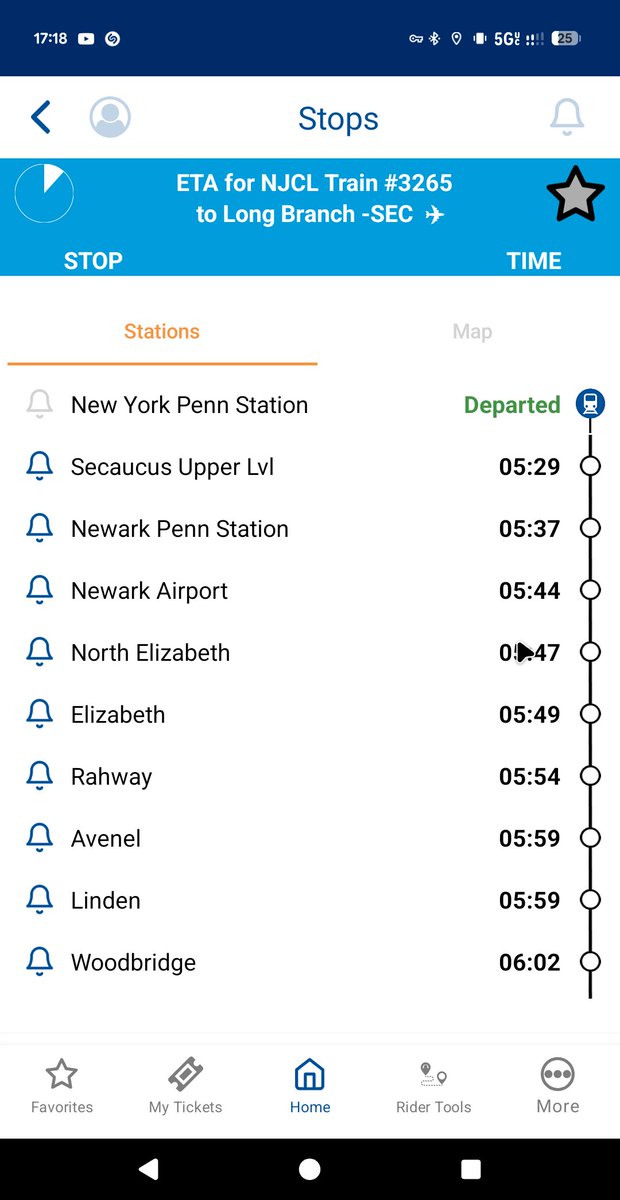 leviathan3k's tweet photo. @NJTRANSIT_NJCL We were just told it will express to rahway, but the app shows these stops https://t.co/V6l5cLMKla