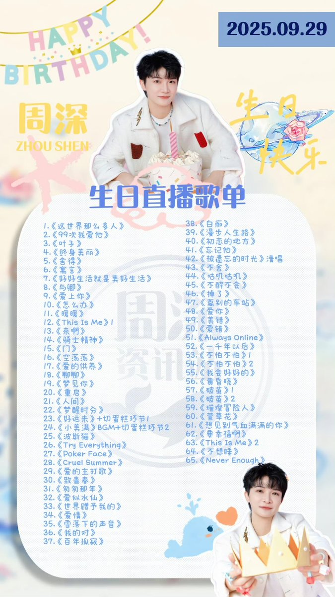 Here’s the entire song list for Zhou Shen’s 4+ hour stream. He sang a total of 65 songs (including ones that got cut short)

Special shoutout to 周深_星轨记录仪 on Weibo for compiling everything. They keep track of everything related to Zhou Shen 🙏

Cr. weibo.com/6466290670/521…