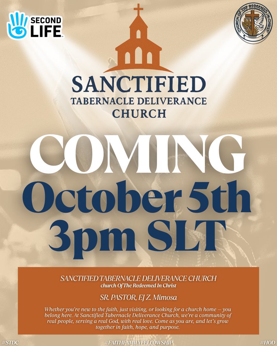 stdchurch0's tweet photo. 🚨 It’s Official! 🚨

The Grand Opening of Sanctified Tabernacle Deliverance Church (STDC) is happening THIS SUNDAY, Oct 5th @ 3PM SLT in Second Life! 🙌💒

Come experience:
✨ Powerful worship
✨ A life-changing word
✨ Real faith, real love, real community https://t.co/hIvjpocPTl