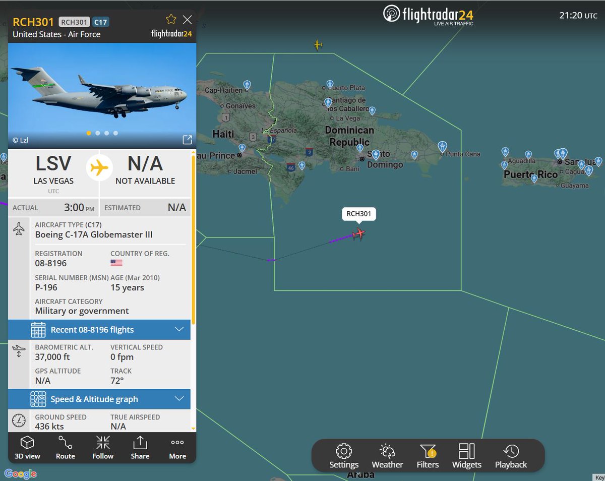 Flightwatcher1's tweet photo. #USAF C-17A Globemaster III
Código de llamada: REACH301
Matrícula: 08-8196
Hex: #ae2fa8
Desde Nellis AFB🇺🇸 hasta Ceiba🇵🇷 https://t.co/byFOxX4283