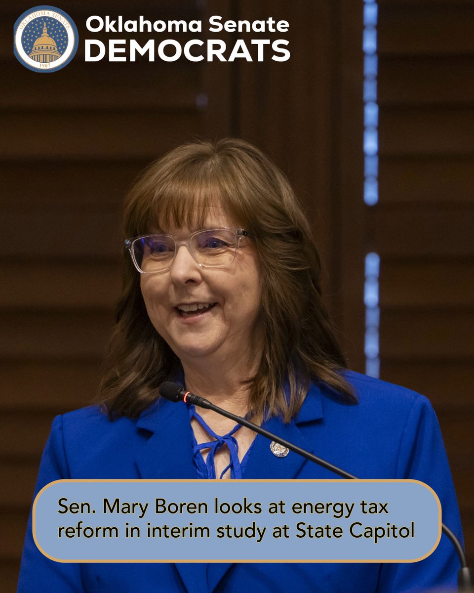 Sen. Mary Boren will take a deep dive into Oklahoma's energy tax policy on Tuesday, Sept. 30 at 1 p.m. in room 535 of the Capitol. Her "All of the Above Tax Revenue Reform" interim study is open to public and press and will be livestreamed at oksenate.gov.