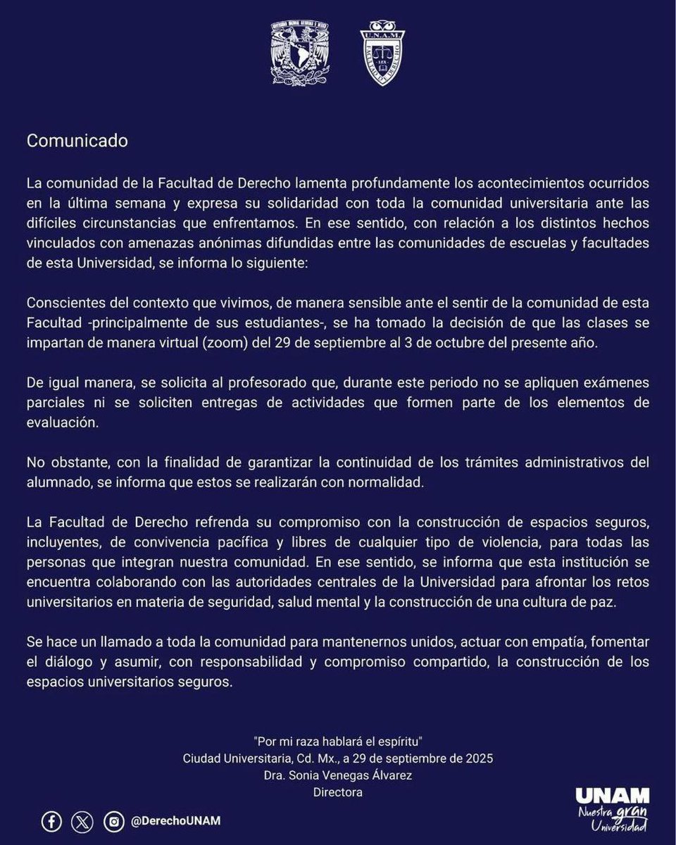 Comunicado de nuestra Directora de <a href="/DerechoUNAMmx/">Facultad de Derecho</a> <a href="/unam/">UNAM</a>. Se informa de clases virtuales hasta el 3 de octubre. <a href="/sovnegas/">Sonia Venegas Álvarez</a>