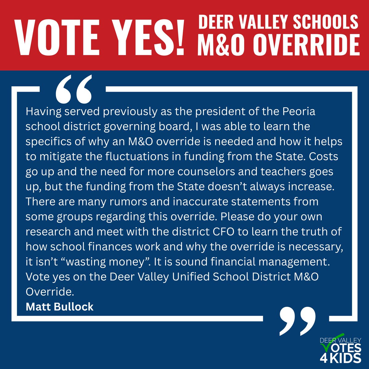 DVVotes4Kids's tweet photo. I’ve seen firsthand why an M&amp;O Override is essential—it stabilizes school funding when State dollars fall short. Costs rise, needs grow, but funding doesn’t always keep up. Don’t buy the rumors—do the research. This is sound financial management. ✅ Vote YES for DVUSD! https://t.co/MuRu08Lh9S