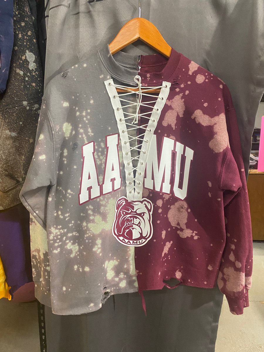 🤎❤️ Maroon pride, handmade style. Our Alabama A&amp;M half &amp; half lace-up is bold, bleached, and reppin’ the Bulldogs with fire. 🐾✨ One-of-a-kind, just like your AAMU spirit.

#AlabamaAM #BulldogPride #MaroonAndWhite #HalfAndHalf #HandmadeWithLove #CamiCoLace