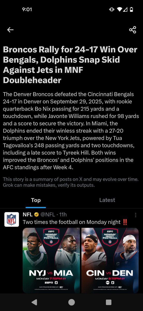 This app is a complete joke now.
This is the headline summary of the two #MondayNightFootball games today (2.5 mins left for Jets/Dolphins and currently at halftime for Bengals/Broncos). Complete lies as if the games are already over - and we are supposed to trust AI... COOKED.
