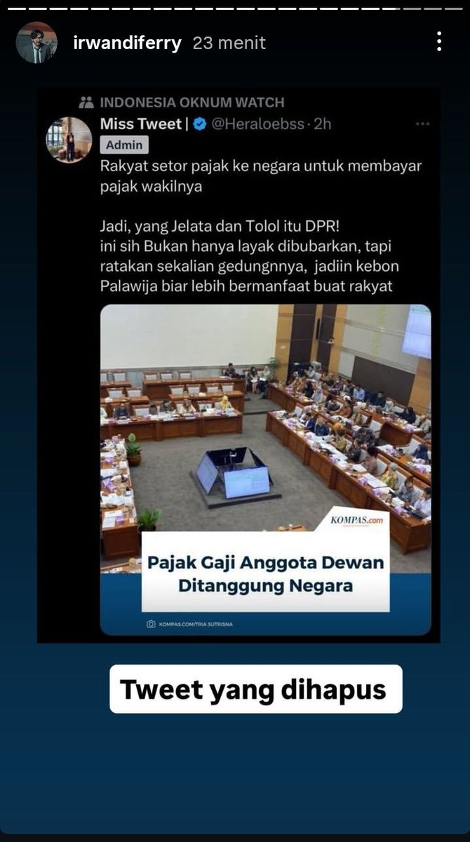 Ini salah satu twit Provokasi untuk  meratakan Gedung <a href="/DPR_RI/">DPR RI</a>  oleh si <a href="/Heraloebss/">Miss Tweet |</a> yg dihapusnya yg sempat dicapture Ferry . 

Jelas sebagai provokator eh malah laporin org bikin fitnah ,dasar pecun