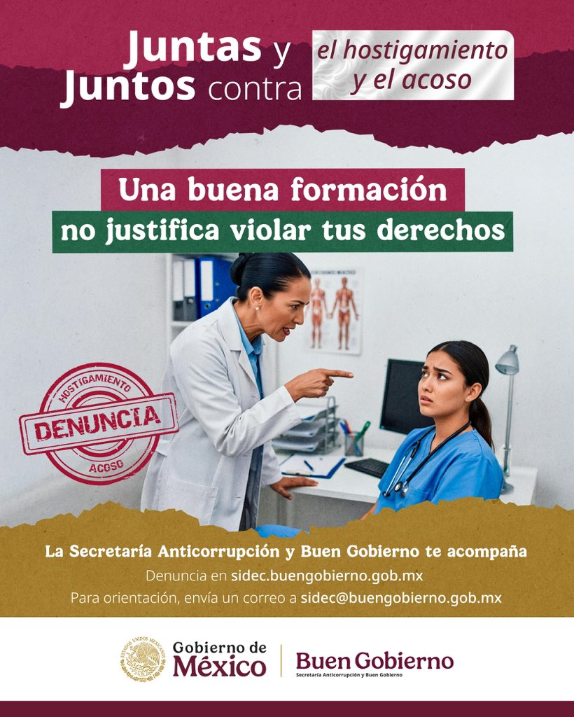 Tu_IMSS's tweet image. La vocación no se demuestra soportando abusos, sino estudiando y brindando una buena atención. Un trato digno es una obligación, no una opción. 

Si enfrentas hostigamiento o acoso, denuncia en el #SIDEC 👉sidec.buengobierno.gob.mx

#ContraHostigamientoyAcoso 
#NoEsNormal
