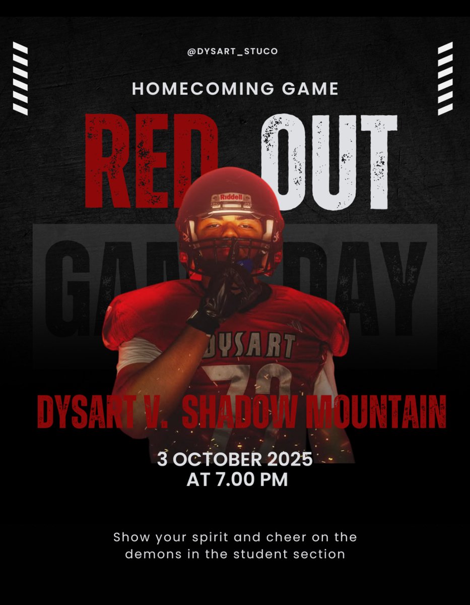 🔥🏈 HOMECOMING GAME ALERT 🏈🔥
This Friday, we’re turning the stands into a SEA OF RED ❤️
Theme: RED OUT 🔴
📅 Date: 10/03/2025
📍 Location: Dysart High School Football Stadium 
🕒 Kickoff: 7:00PM
#RedOut #Homecoming2025 #SchoolSpirit