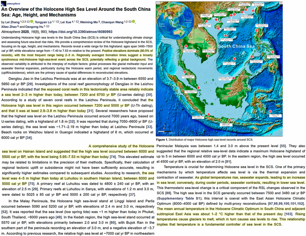 New study:

Sea surface temperature (SST) is the "fundamental controller of sea level," meltwater input, and thermal expansion.

Back when CO2 was a "safe" 265 ppm (7000-4000 yrs ago) SSTs were 1-2°C warmer and sea levels 2-3 m higher. CO2 is not a driver.
mdpi.com/2073-4433/16/8…