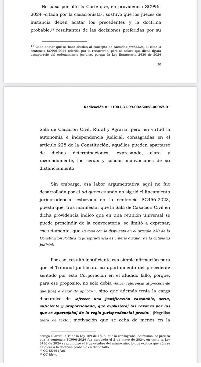 jairoparrac's tweet photo. EL DEBER DE JUSTIFICAR CUANDO SE APARTA DEL PRECEDENTE. CSJ (SC1854-2025): La Corte resalta que, conforme a la doctrina constitucional y a su propia jurisprudencia, el apartamiento del precedente exige una motivación seria, suficiente y proporcionada. En palabras de la Corporación, el juez debía i. identificar expresamente el precedente que dejaba de aplicar y ii. exponer razones claras y sólidas que justificaran el distanciamiento. Nada de eso ocurrió.

El tribunal se limitó a mencionar, de manera escueta, que la jurisprudencia es un criterio auxiliar según el artículo 230 de la Constitución. Esa afirmación, por sí sola, resulta insuficiente para sustentar el apartamiento. Se echa de menos la carga argumentativa que debía cumplir para demostrar por qué no acogía la regla fijada —⬇️⬇️—