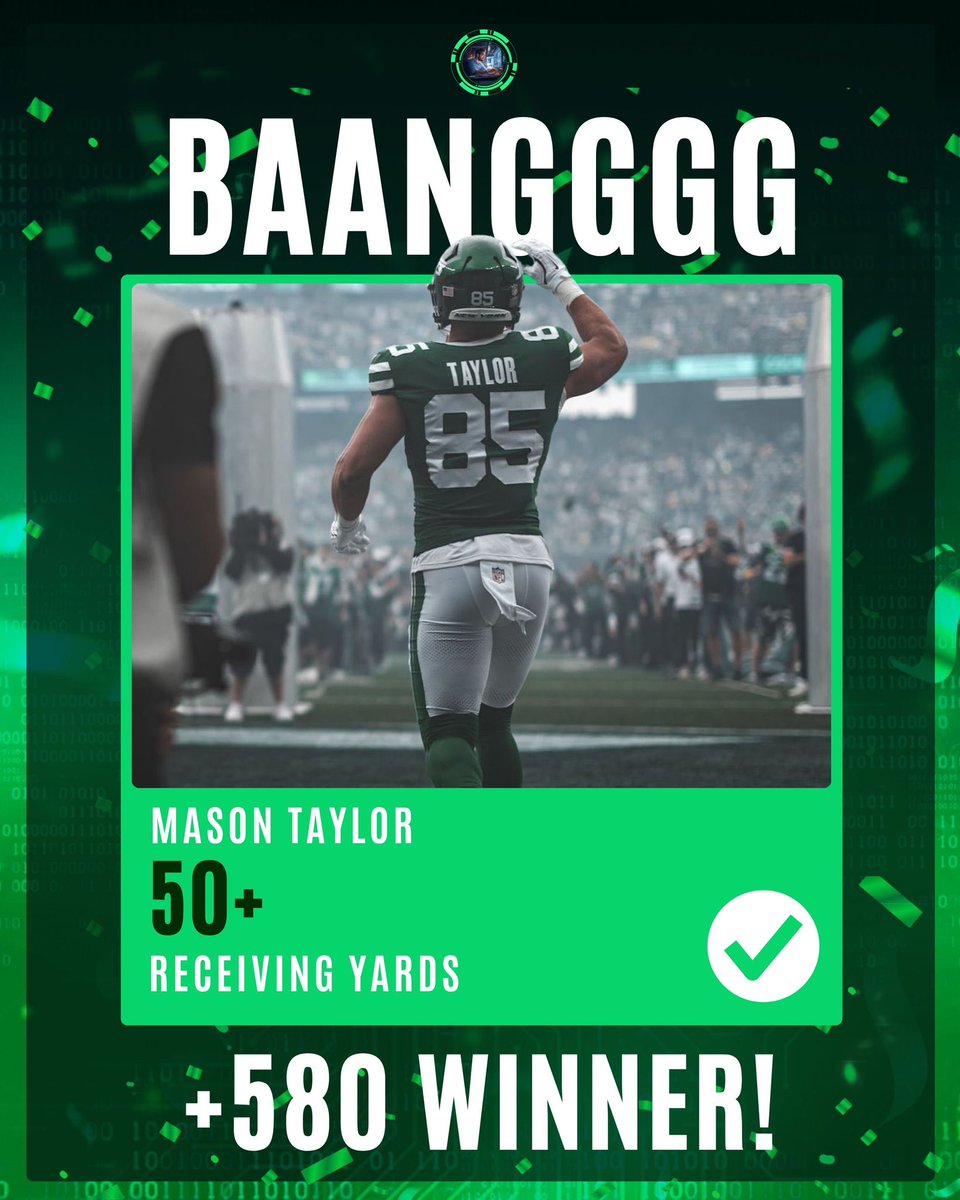 💥 BAANGGG! 💥

Cash the Mason Taylor ladder!

✅ 20+ Receiving Yards (-113)
✅ 30+ Receiving Yards (+175)
✅ 40+ Receiving Yards (+320)
✅ 50+ Receiving Yards (+580)

Hit ❤️ if you tailed!

So close to +3500 on Most Rec Yards, too!
