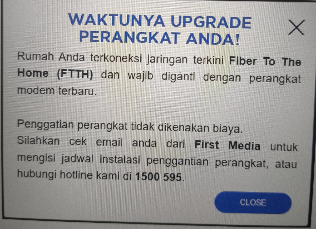 saliwo's tweet photo. @FirstMediaCares halo  min mau nanya ada notif spt ini, sebelumnya sudah menjadwalkan penggantian perangkat, dan saat kunjungan teknisinya bilang klo untuk instalasi dan penggantian blm bisa dilakukan dikarenakan blm menggunakan FO yg terbaru. mohon follow up nya https://t.co/qNDNojB1tL