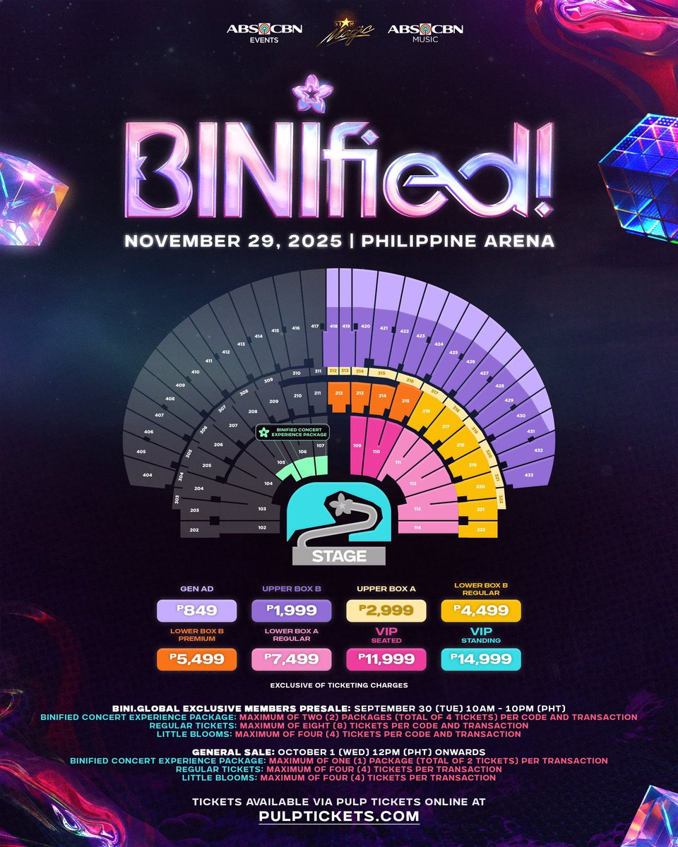 philconcerts's tweet photo. BLOOMs, membership pre-sale for BINIfied is NOW OPEN via https://t.co/frdhOxFfsV until 10PM PHT 🌸

Check out the seat plan, ticket prices, fan benefits, and concert experience packages!

#BINIfiedPHArena @BINI_ph https://t.co/WiysW9sYqG