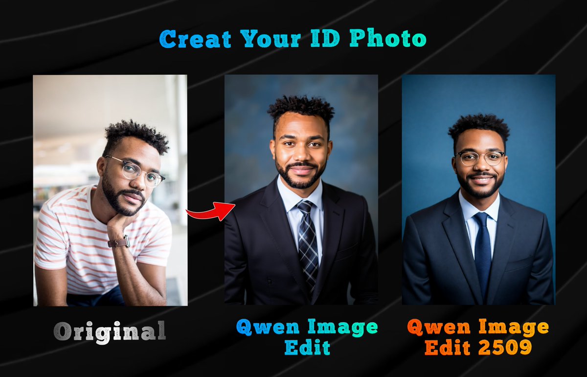 drawthingsapp's tweet image. 👩🏻‍💼 From a Casual Daily Photo to a Work ID Photo or Profile Picture.

🆚 Qwen Image Edit already does a decent job, but 2509 performs even better!

🧪 All the images were generated in Draw Things.

👨🏼‍💻 Qwen Image Edit 2509 Support is on the way, stay tuned！

👇🏻 Click on this post…