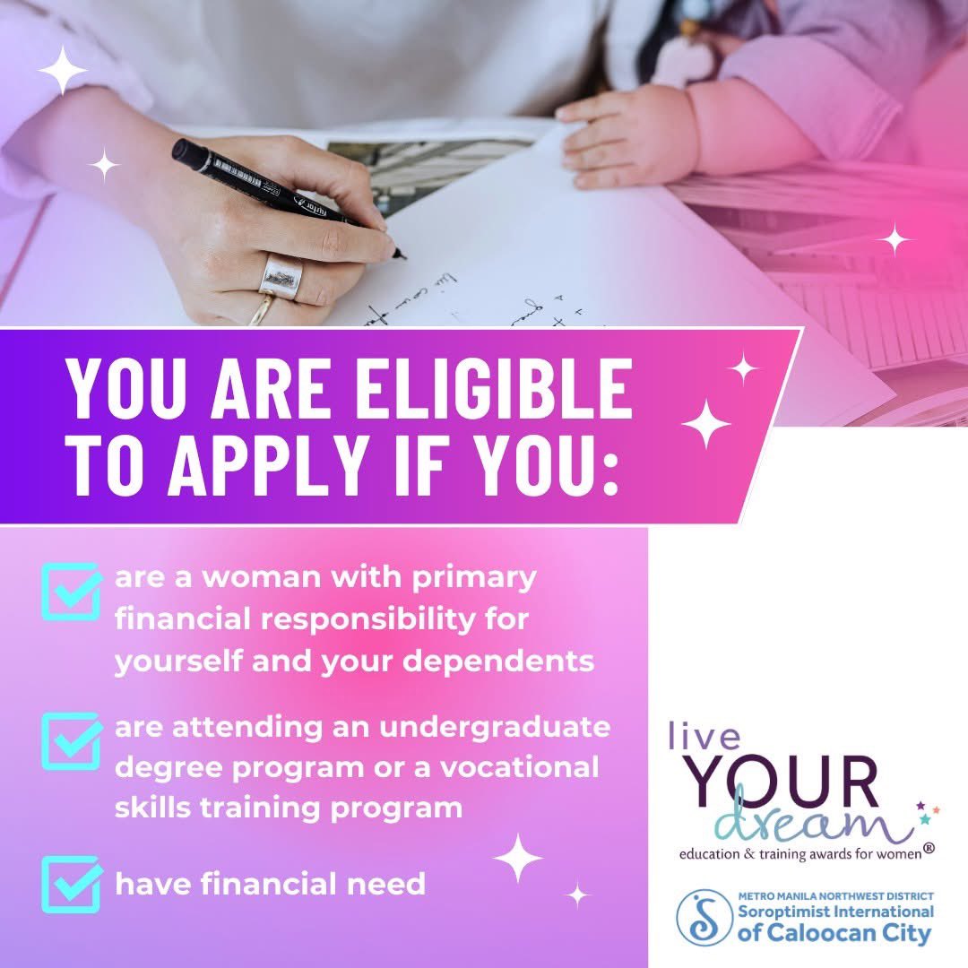 SiprPnp's tweet photo. Currently enrolled but struggling to help your family? 

Apply now for LIVE YOUR DREAM cash grants. For female student breadwinners enrolled in under- graduate or vocational school, anywhere in the Philippines

Deadline: Sept 30, 2025
#LYDAMONTH #SIAPRLYDA #LYDA2025 #Soroptimist https://t.co/OA1lK0cSHV