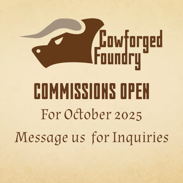 cowforgefoundry's tweet photo. Commission slots are open for October, just hit up our inbox for inquiries, clarifications or if you just wanna chat about leathercraft https://t.co/I3Rnq2O8IG