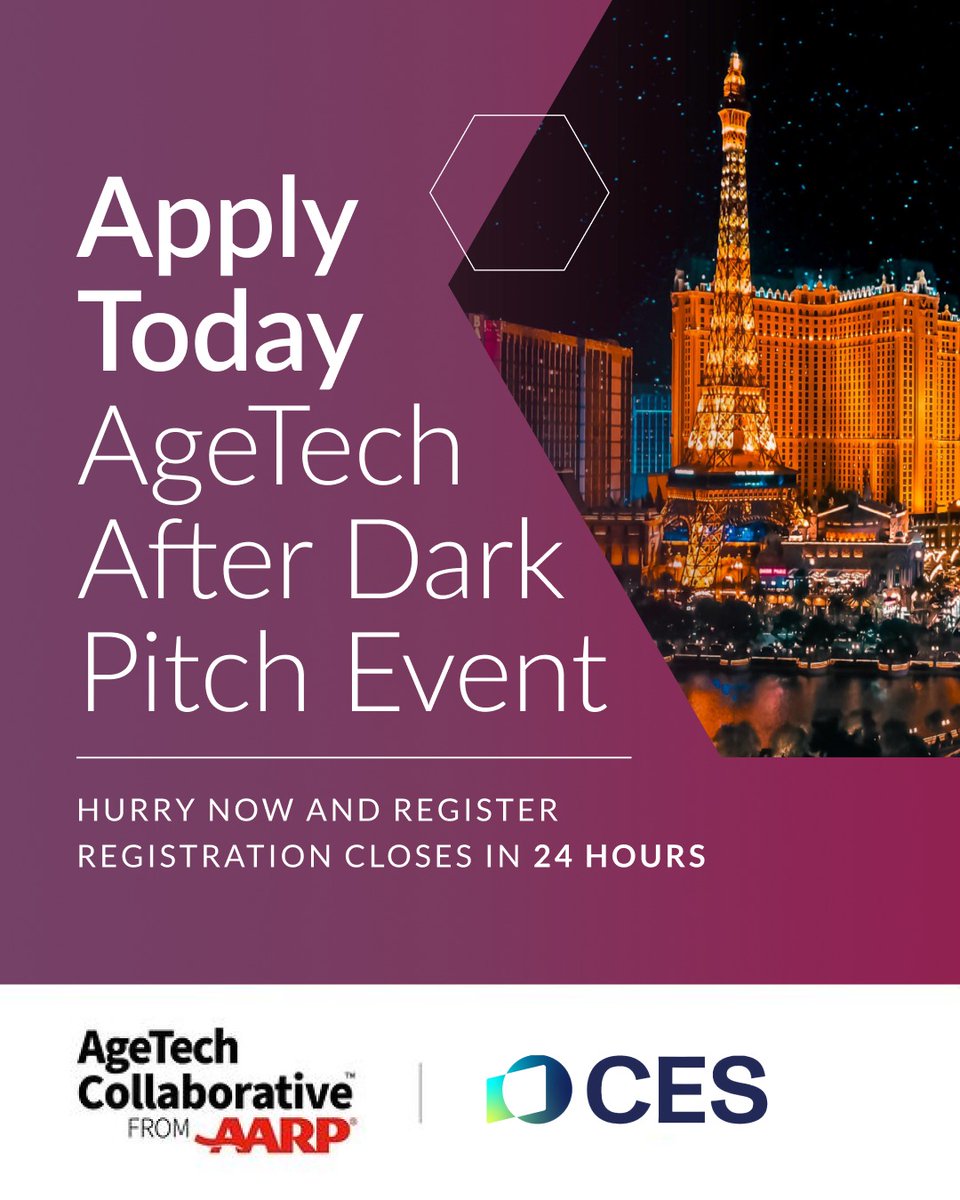 AgeTechCollab's tweet image. ⏳ 24 hours left! Apply to our AgeTech After Dark pitch event at #CES2026
✨ $10K prize
✨ Pitch to top investors
✨ Join our award-winning accelerator
Deadline Sept 30 → lnkd.in/gTn-fDbQ
#AgeTech #HealthTech #InnovationInAging #DigitalHealth #StartupChallenge #PitchToWin